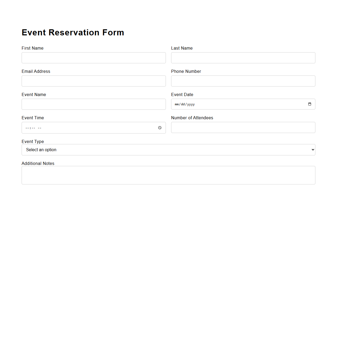 Blank Event Reservation Form Template