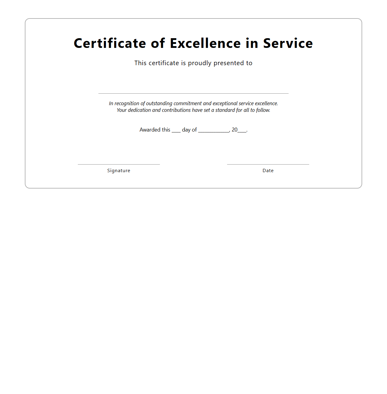 Blank Excellence in Service Award Certificate