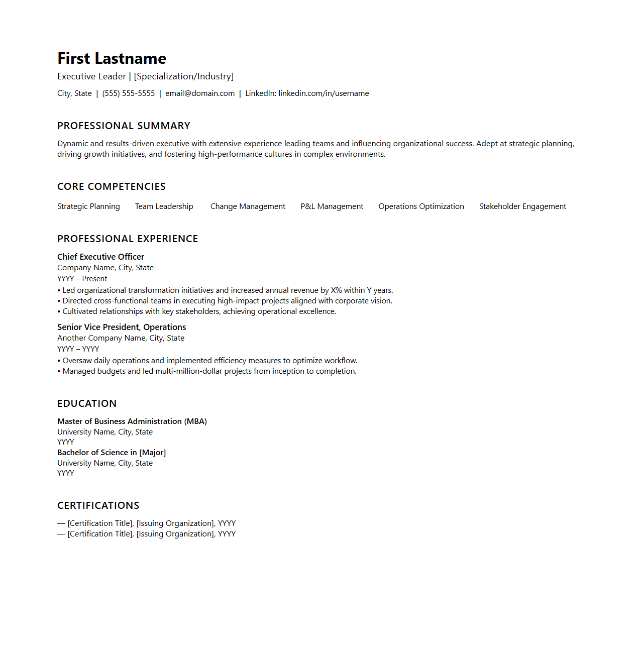 Blank Executive Combination Resume Template for Leadership Roles