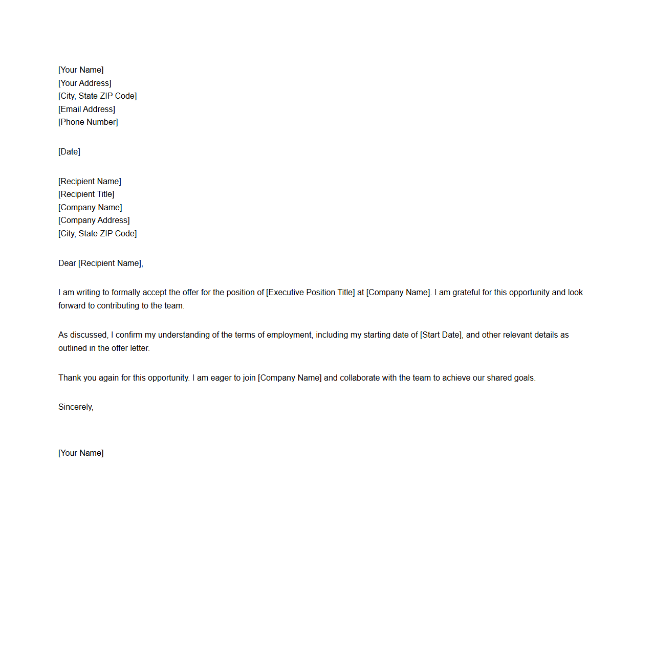 Blank Executive Position Acceptance Letter Format