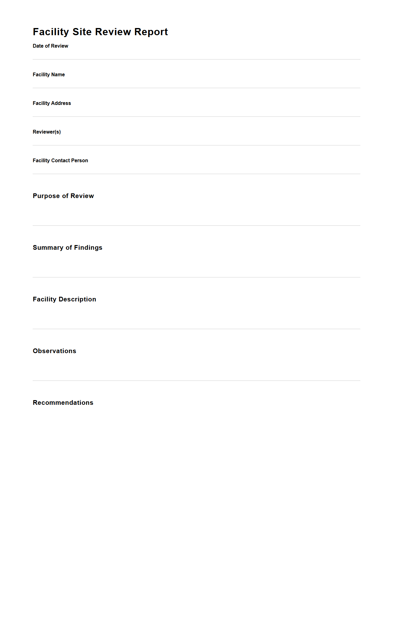 Blank Facility Site Review Report Template