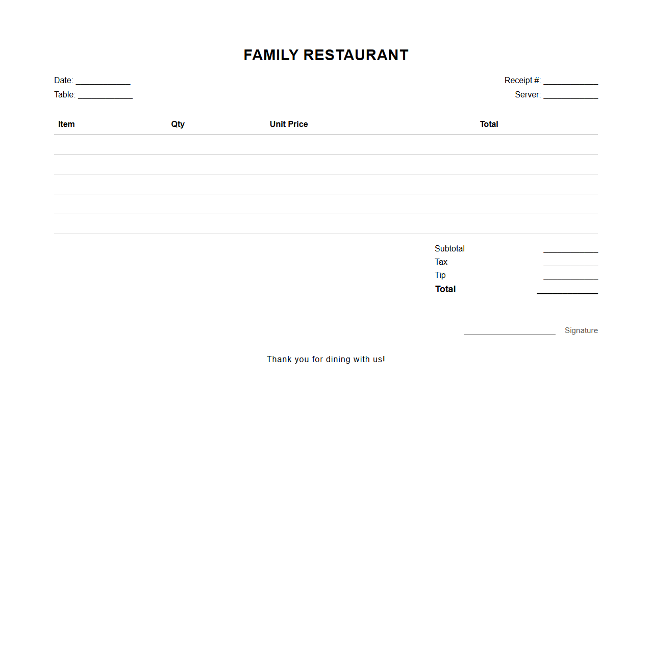 Blank Family Restaurant Receipt Template