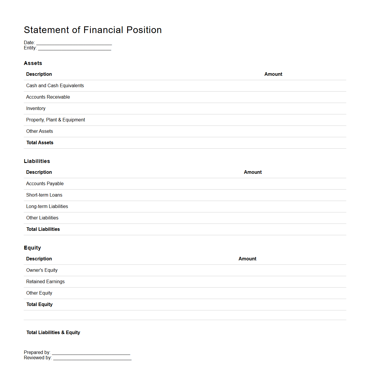 Blank Financial Position Statement Template