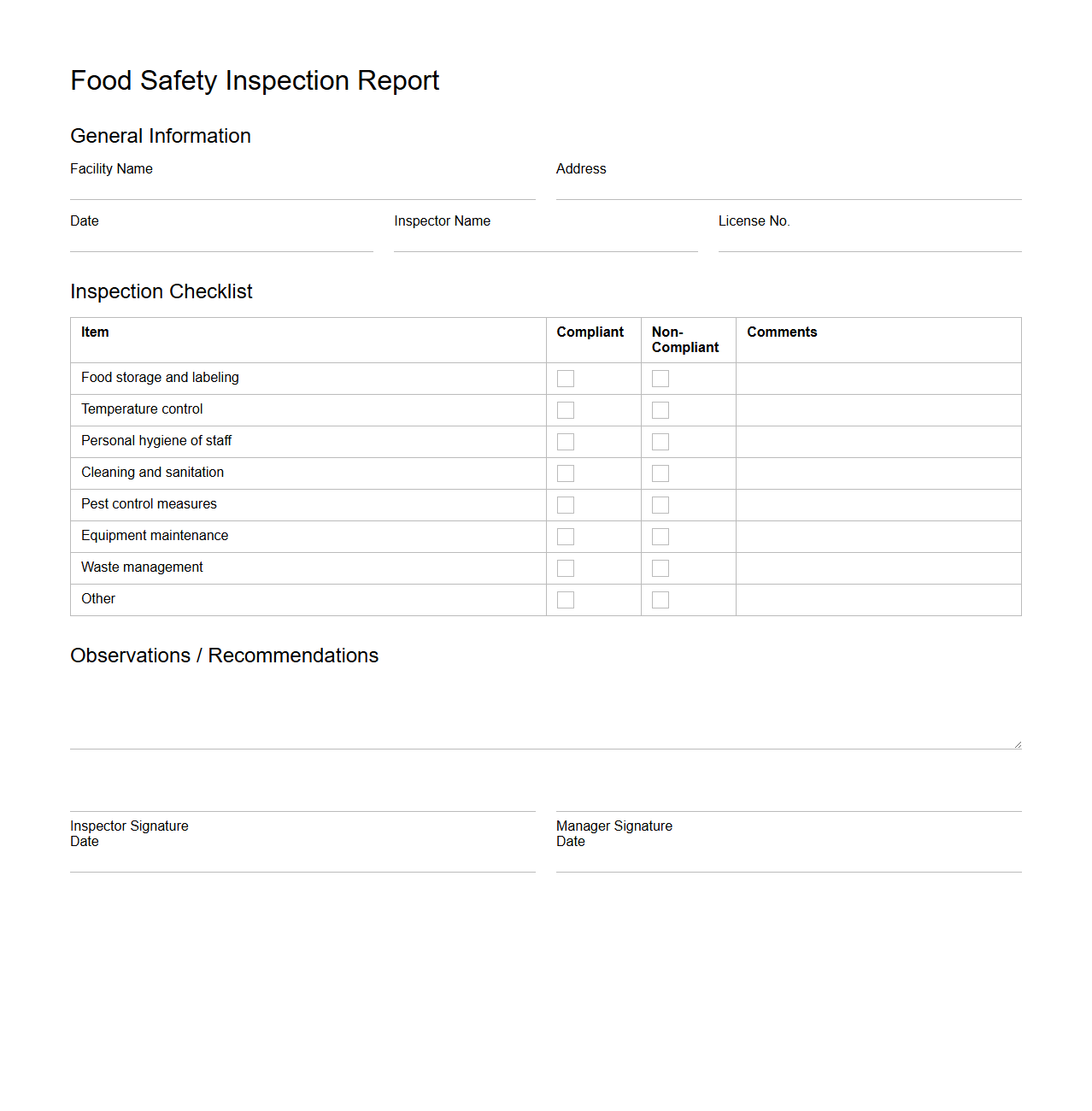 Blank Food Safety Inspection Report Template for Industry Compliance