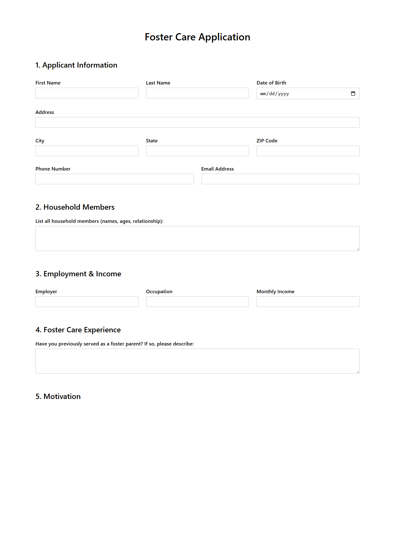Blank Foster Care Application Template for Child Welfare Agencies