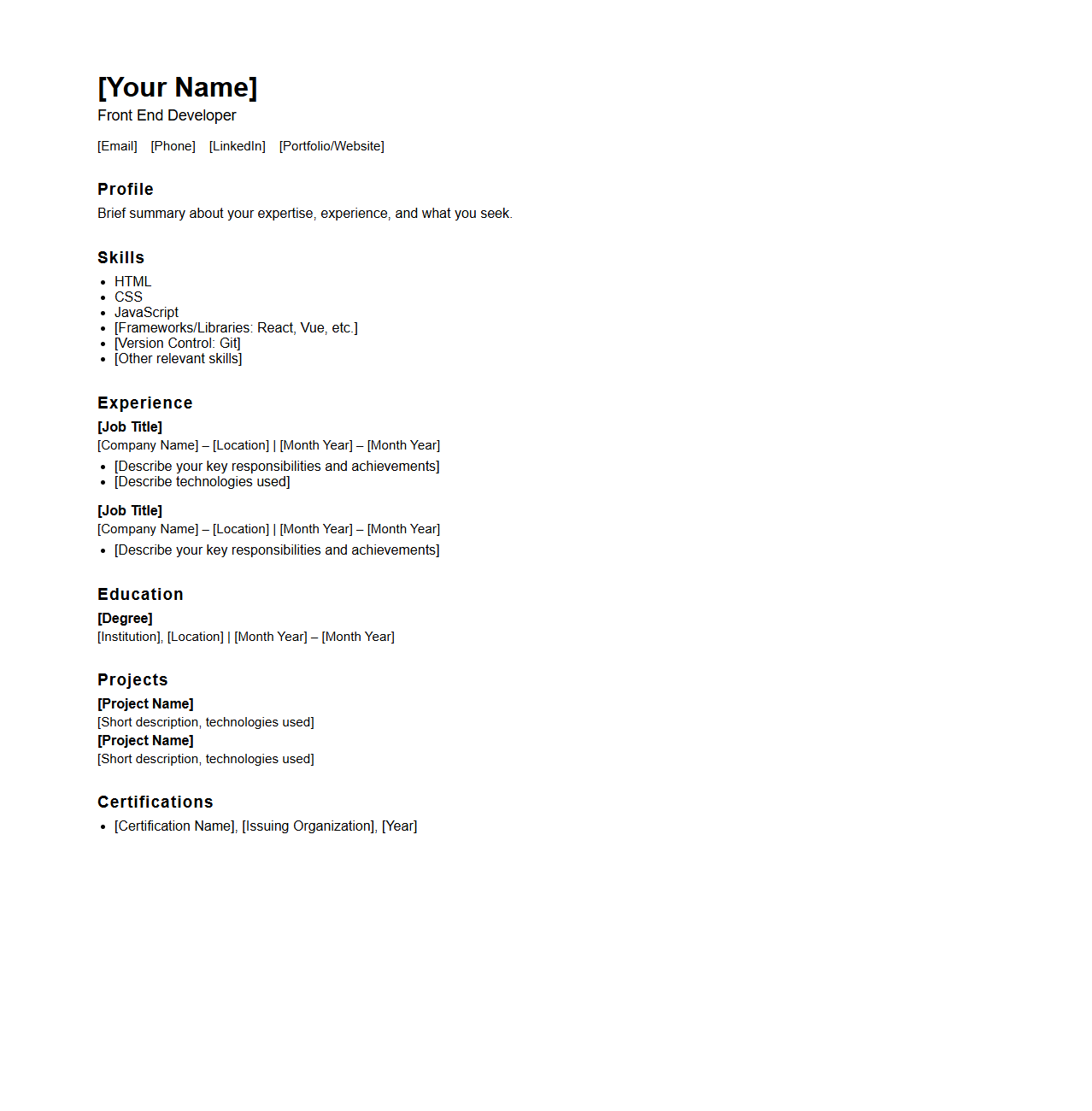Blank Front End Developer Resume Format