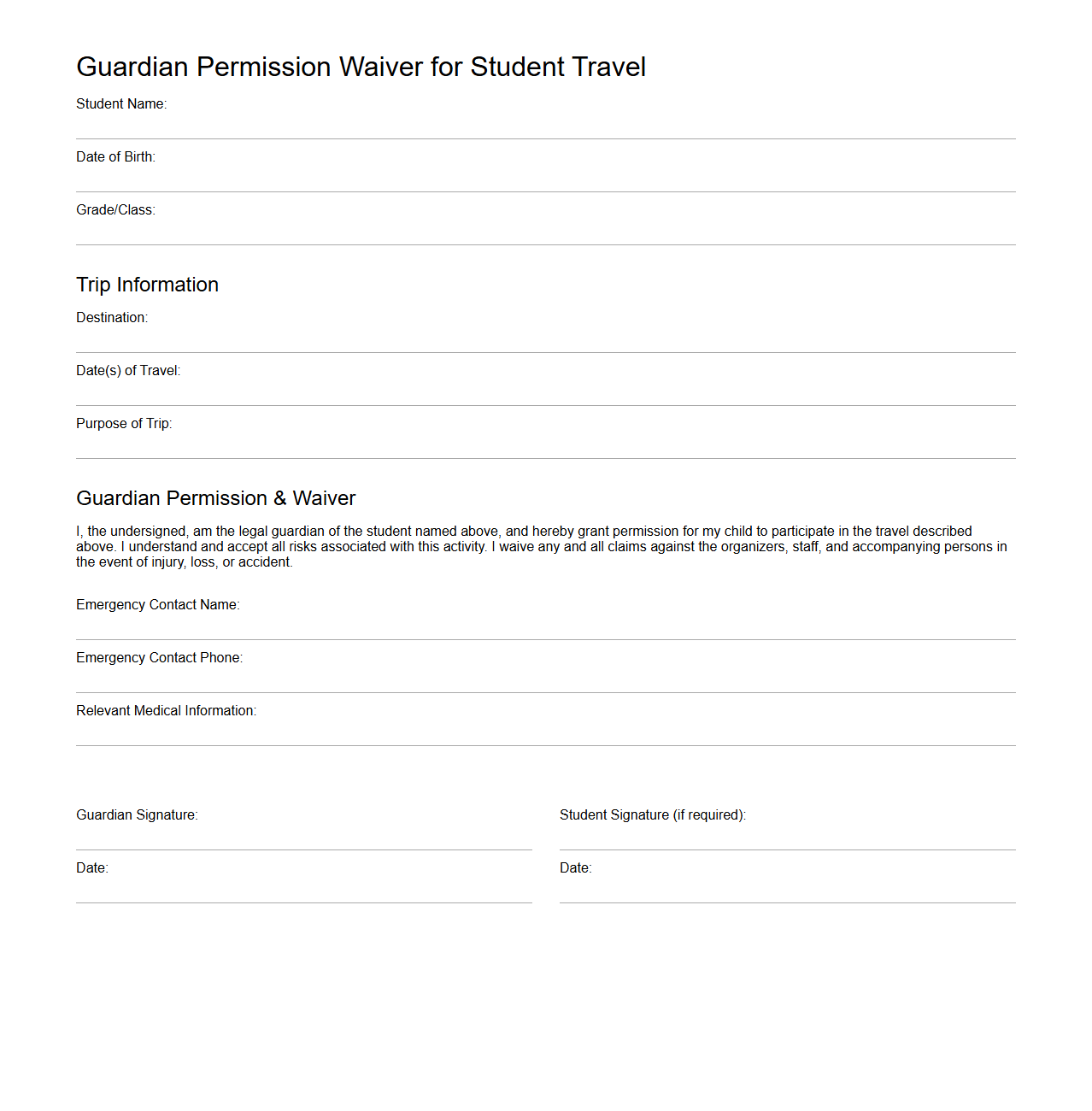 Blank Guardian Permission Waiver for Student Travel