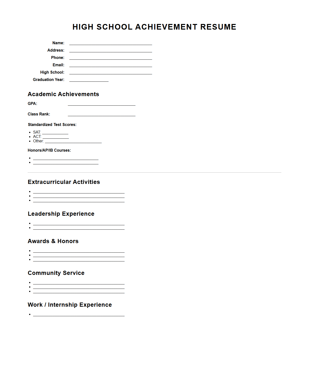 Blank High School Achievement Resume for Scholarships