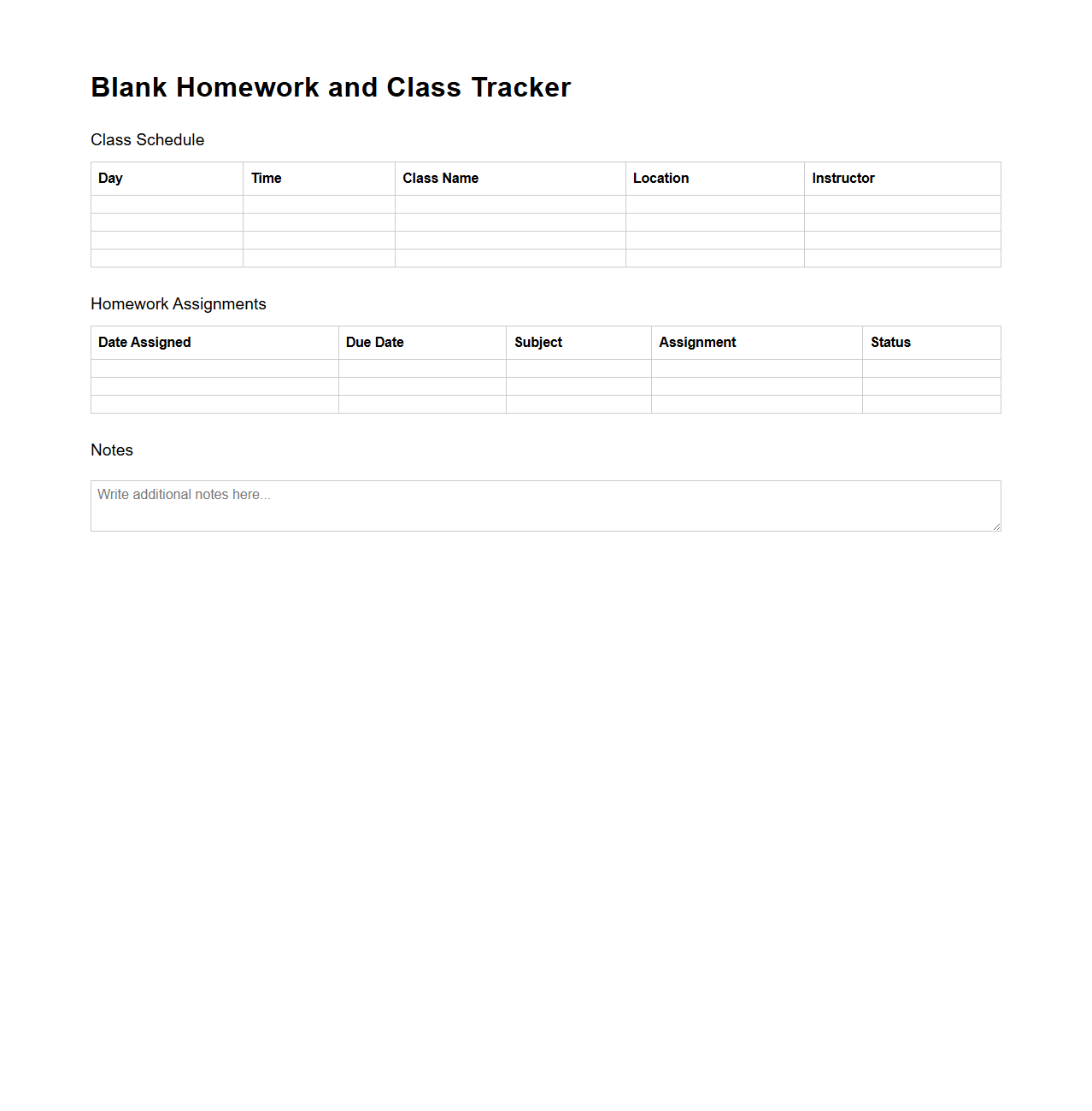 Blank Homework and Class Tracker