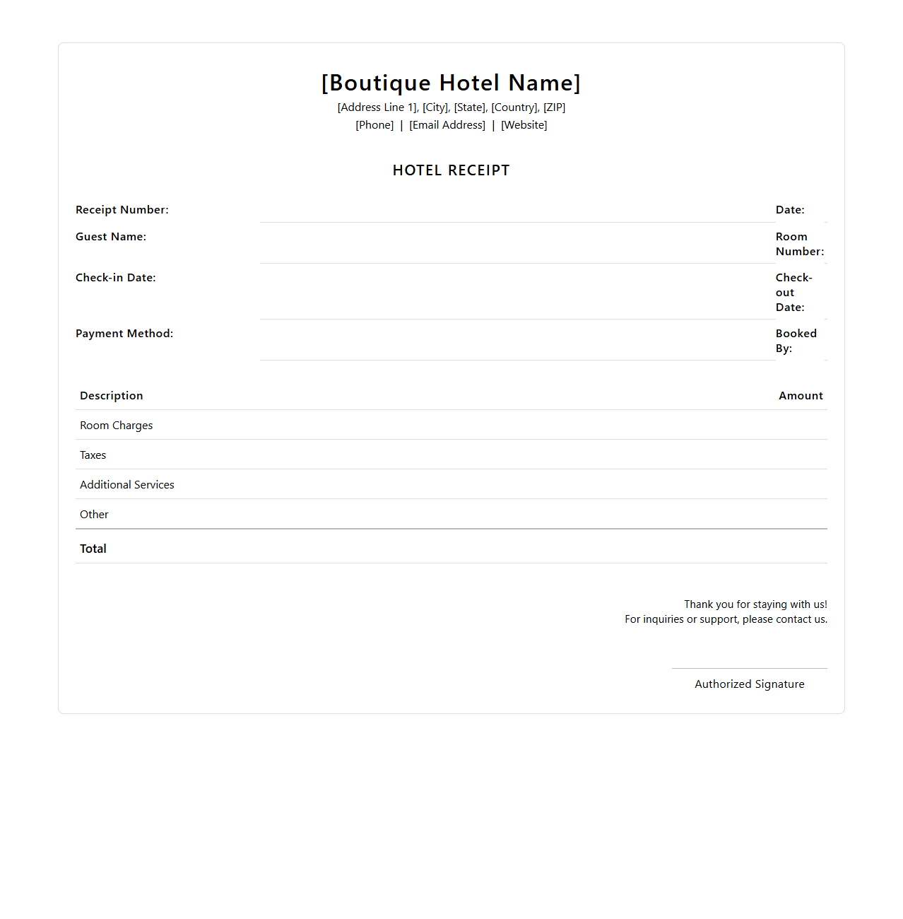 Blank Hotel Receipt Template for Boutique Hotels