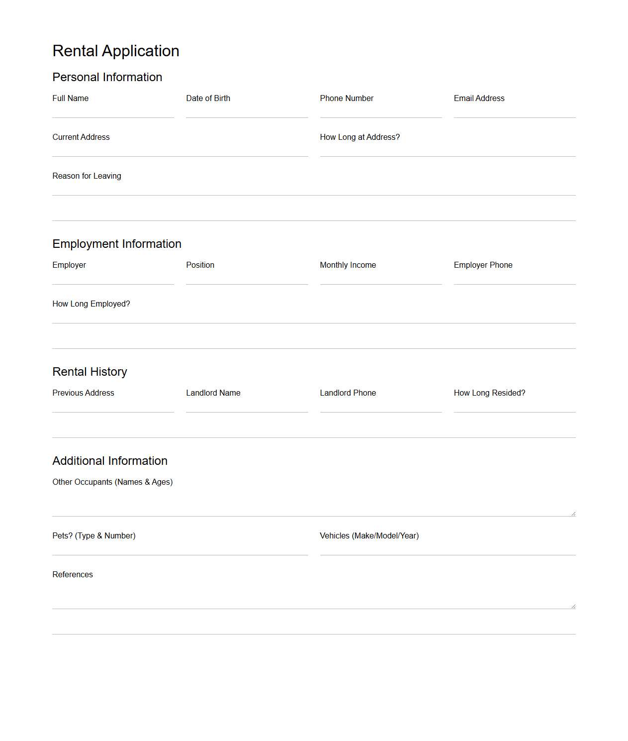 Blank Housing Rental Application Document