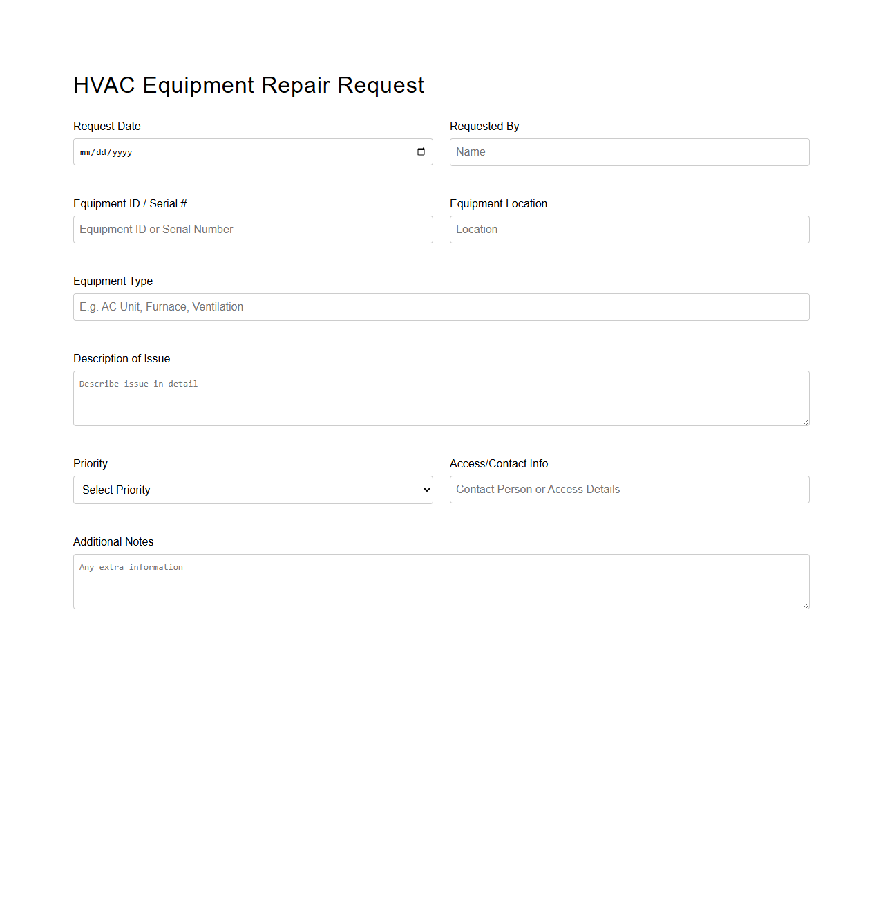 Blank HVAC Equipment Repair Request Template