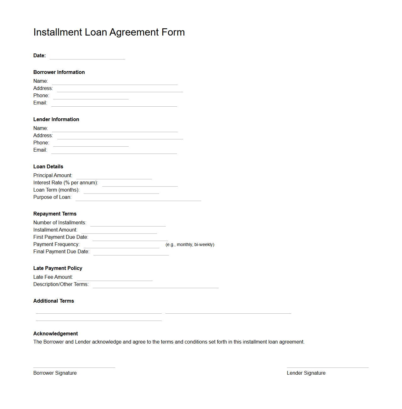 Blank Installment Loan Agreement Form