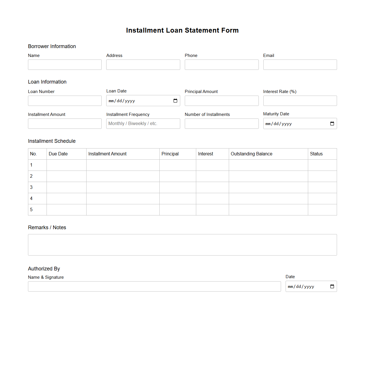 Blank Installment Loan Statement Form