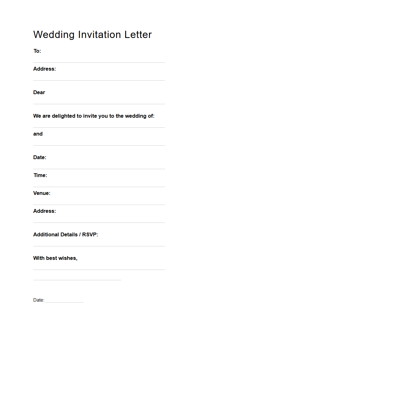 Blank Invitation Letter Template for Wedding Event Organization