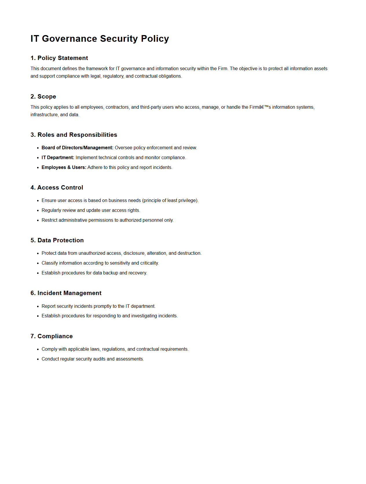 Blank IT Governance Security Policy for Firms