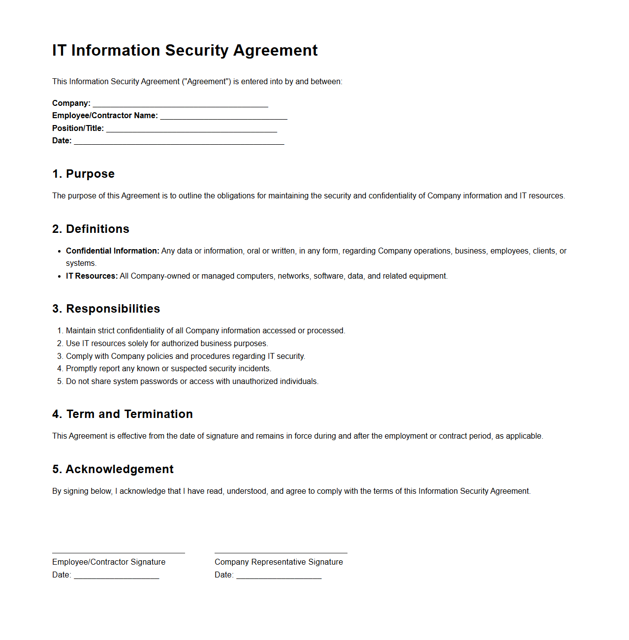 Blank IT Information Security Agreement Template