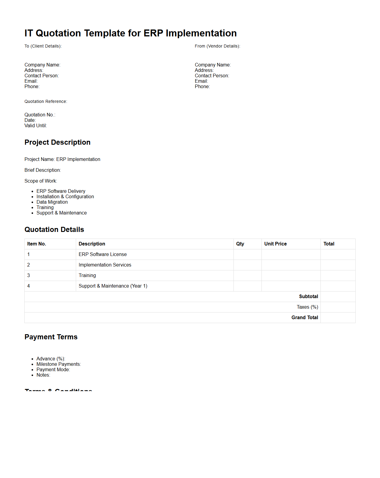 Blank IT Quotation Template for ERP Implementation