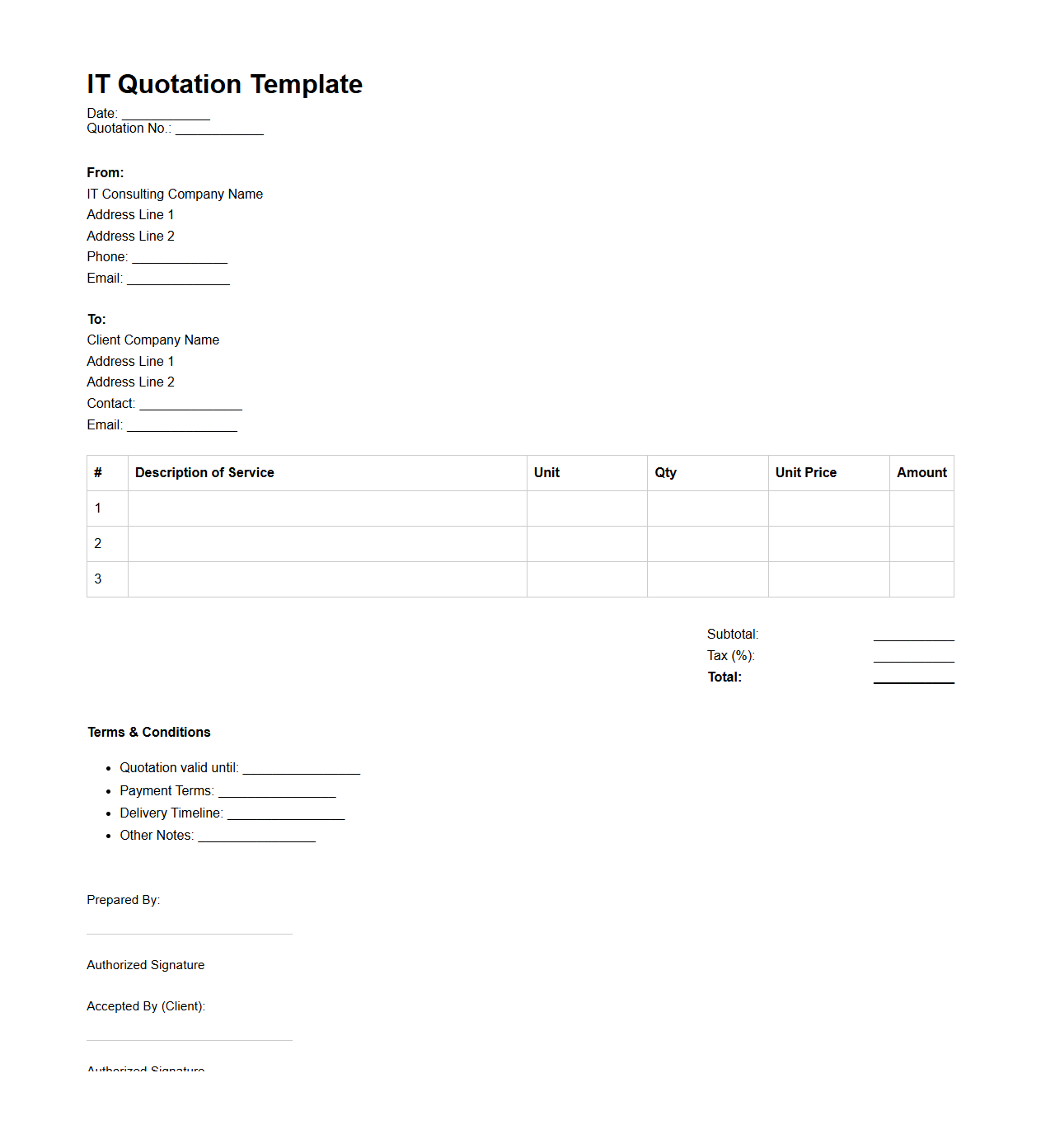 Blank IT Quotation Template for IT Consulting Services