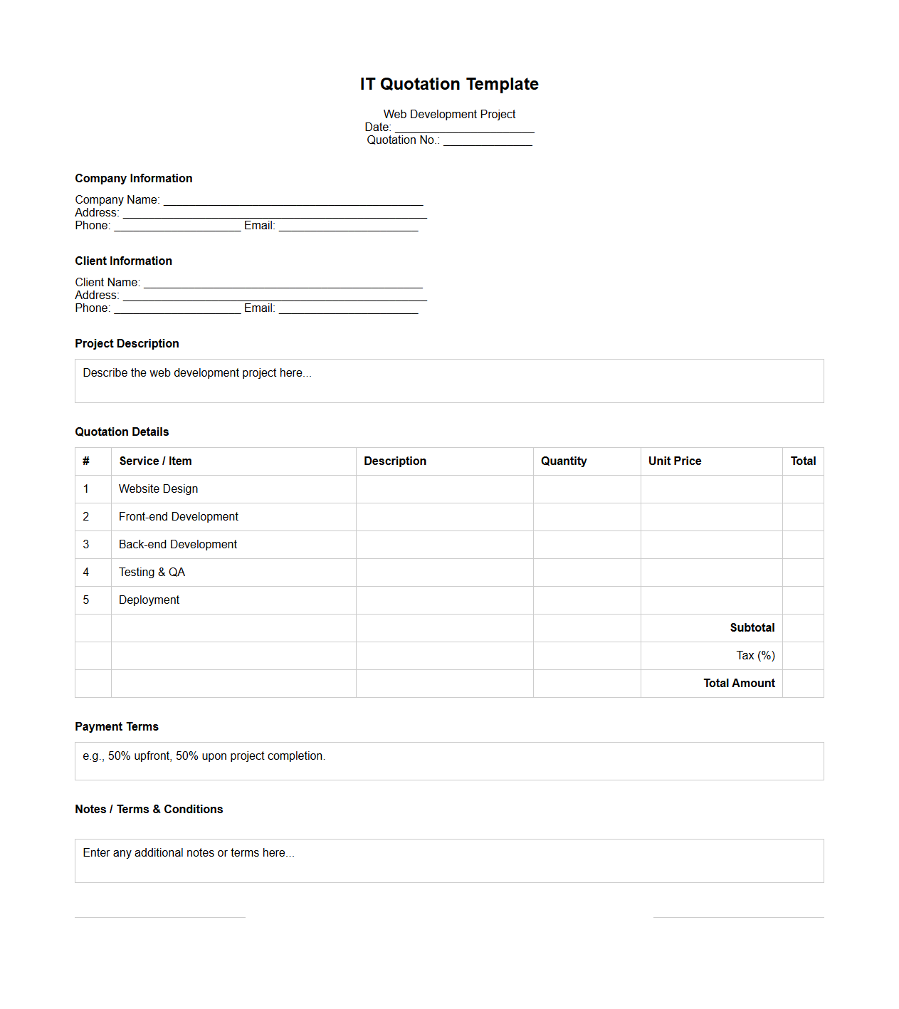 Blank IT Quotation Template for Web Development Projects