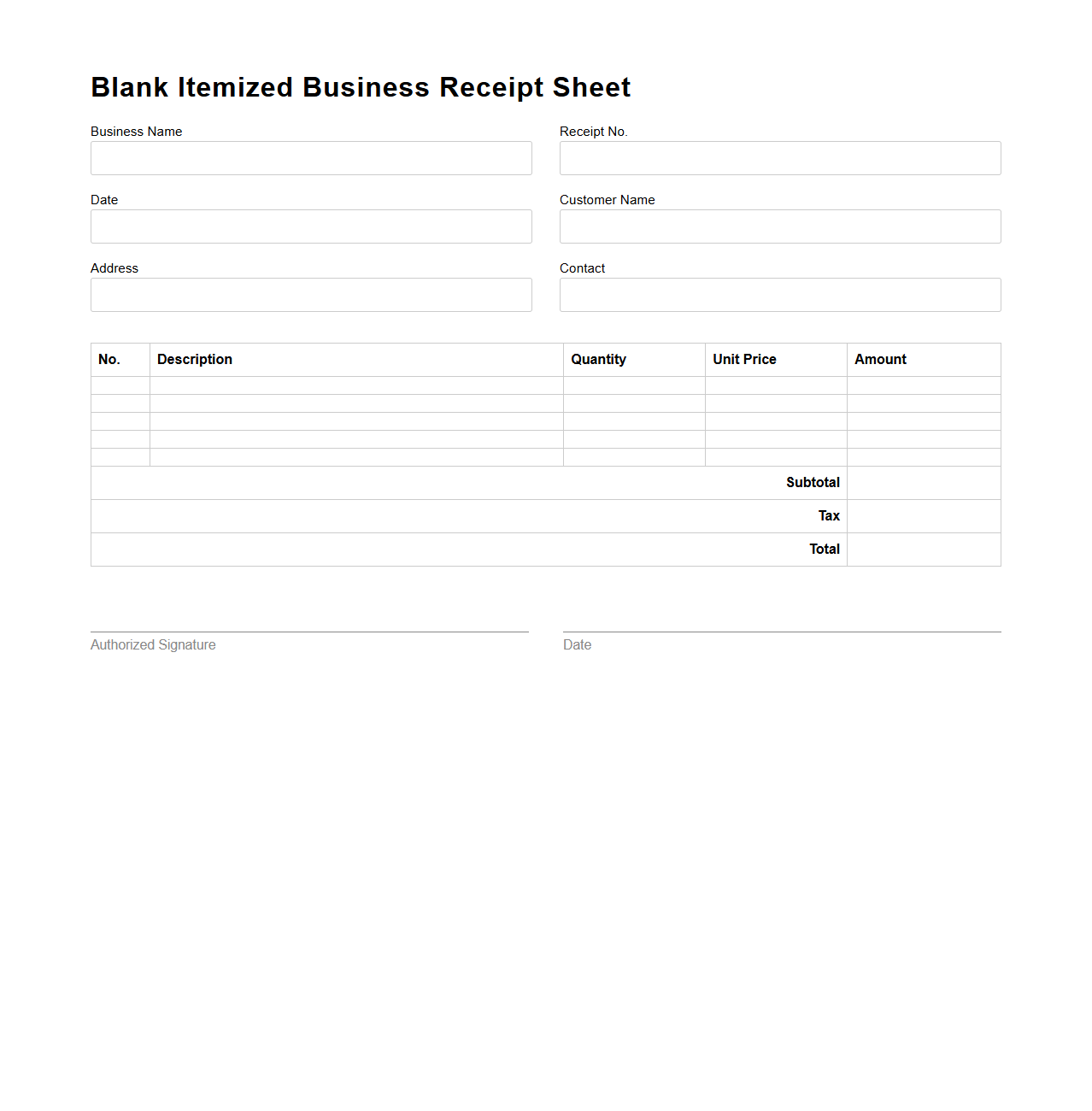 Blank Itemized Business Receipt Sheet