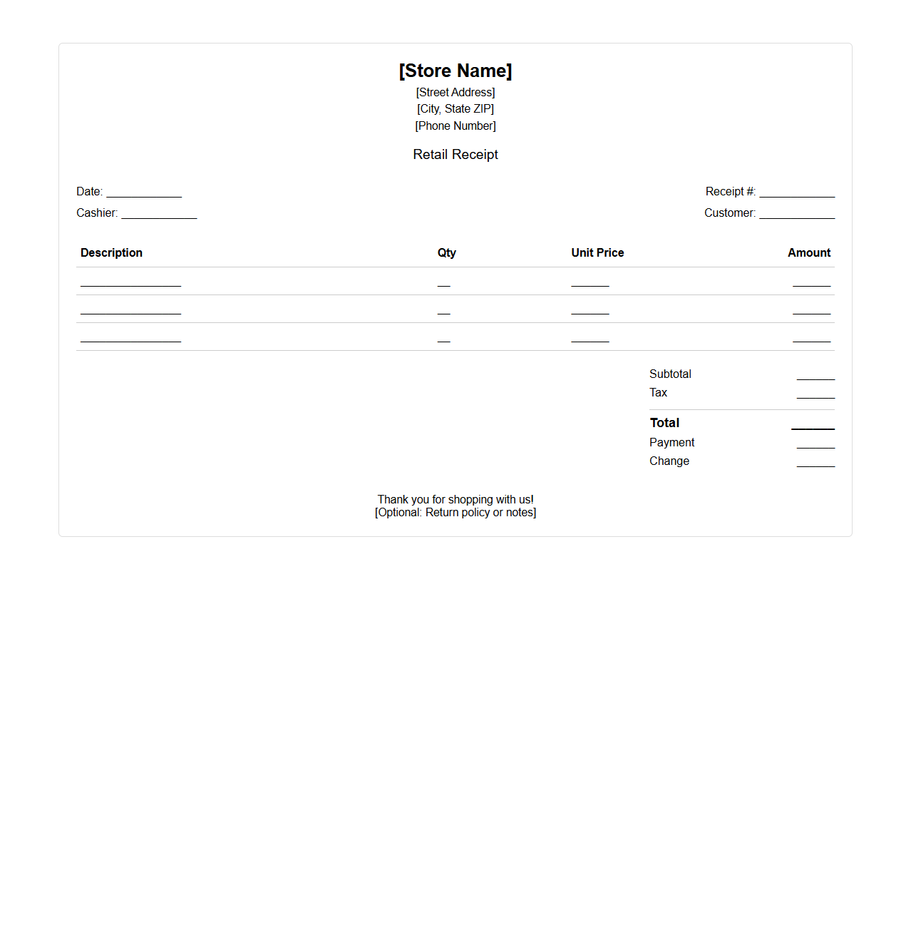 Blank Itemized Retail Receipt Template