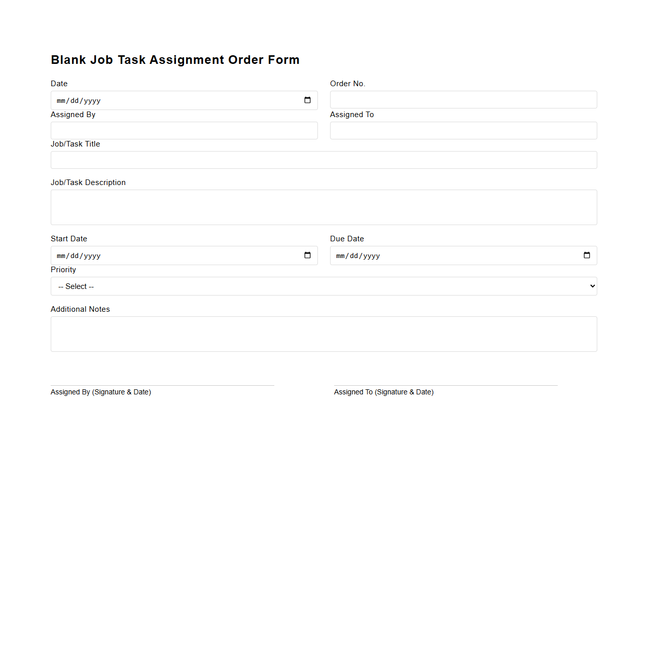 Blank Job Task Assignment Order Form