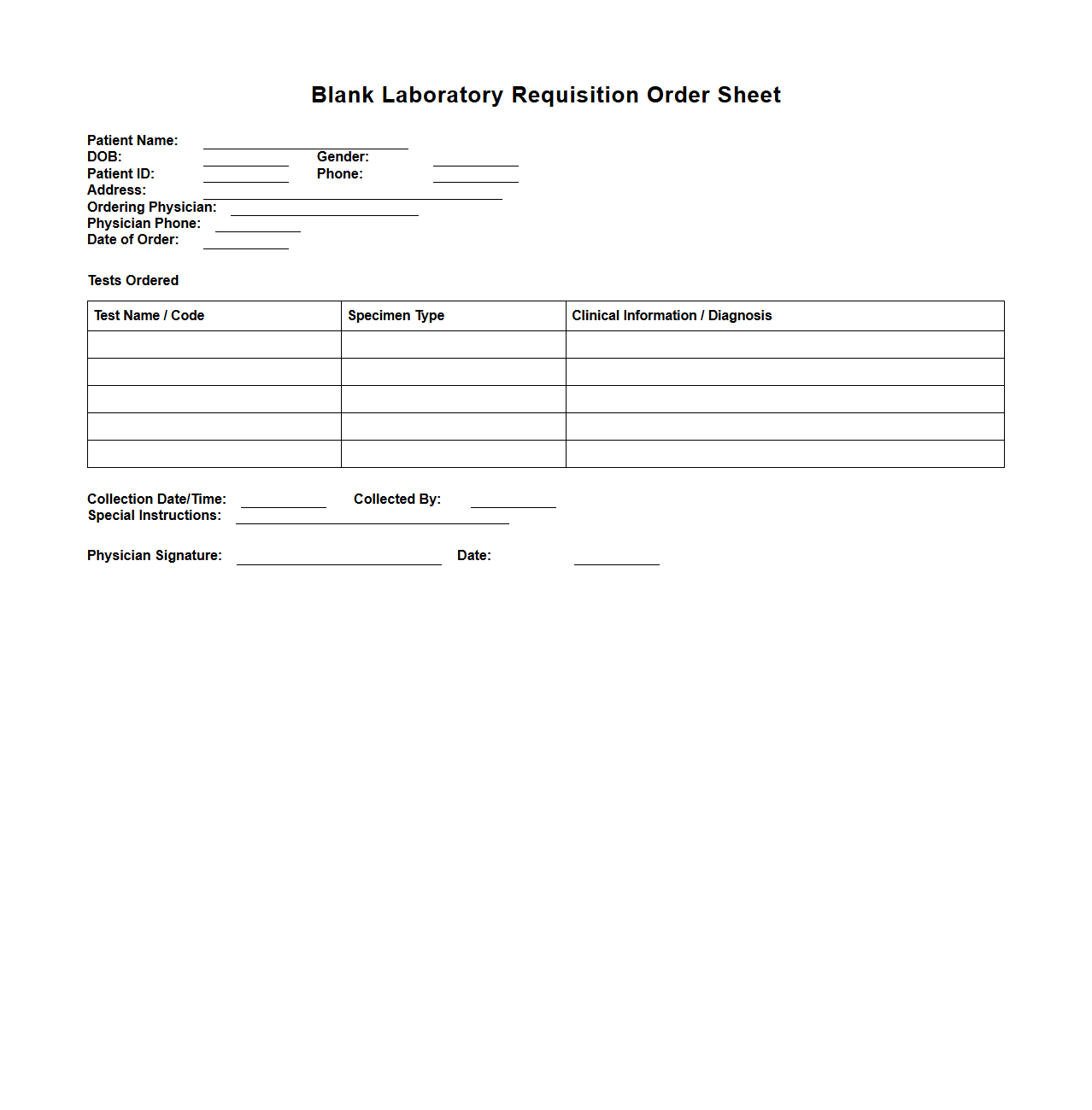 Blank Laboratory Requisition Order Sheet
