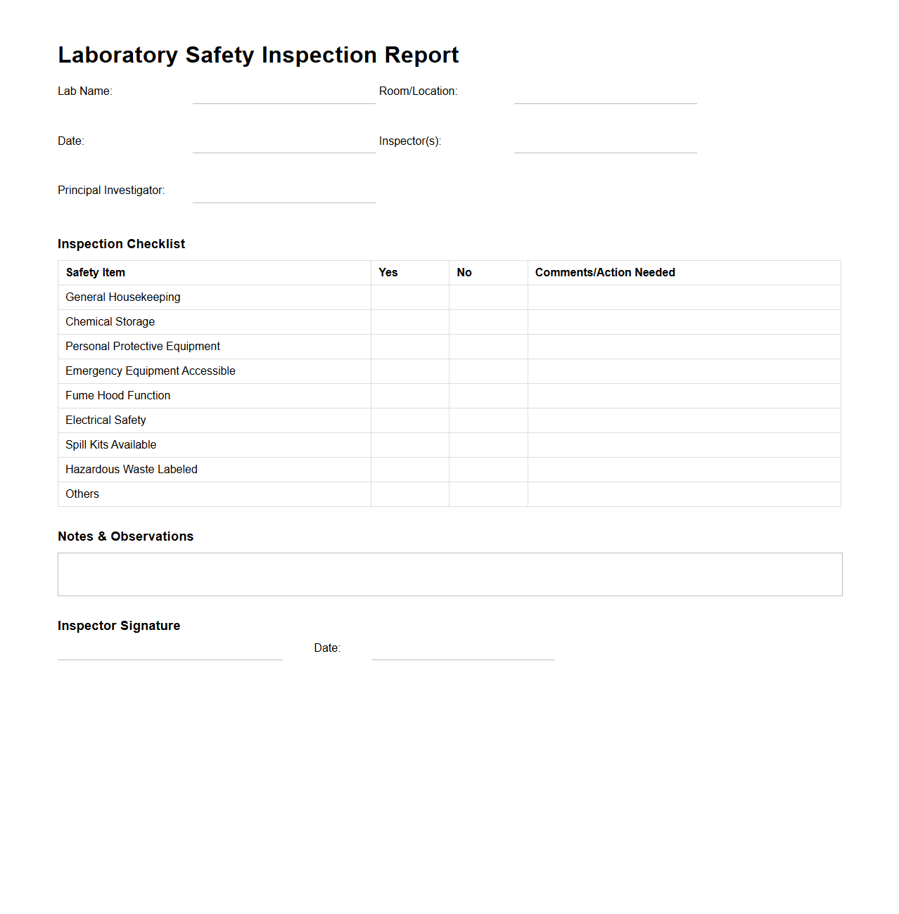 Blank Laboratory Safety Inspection Report Layout