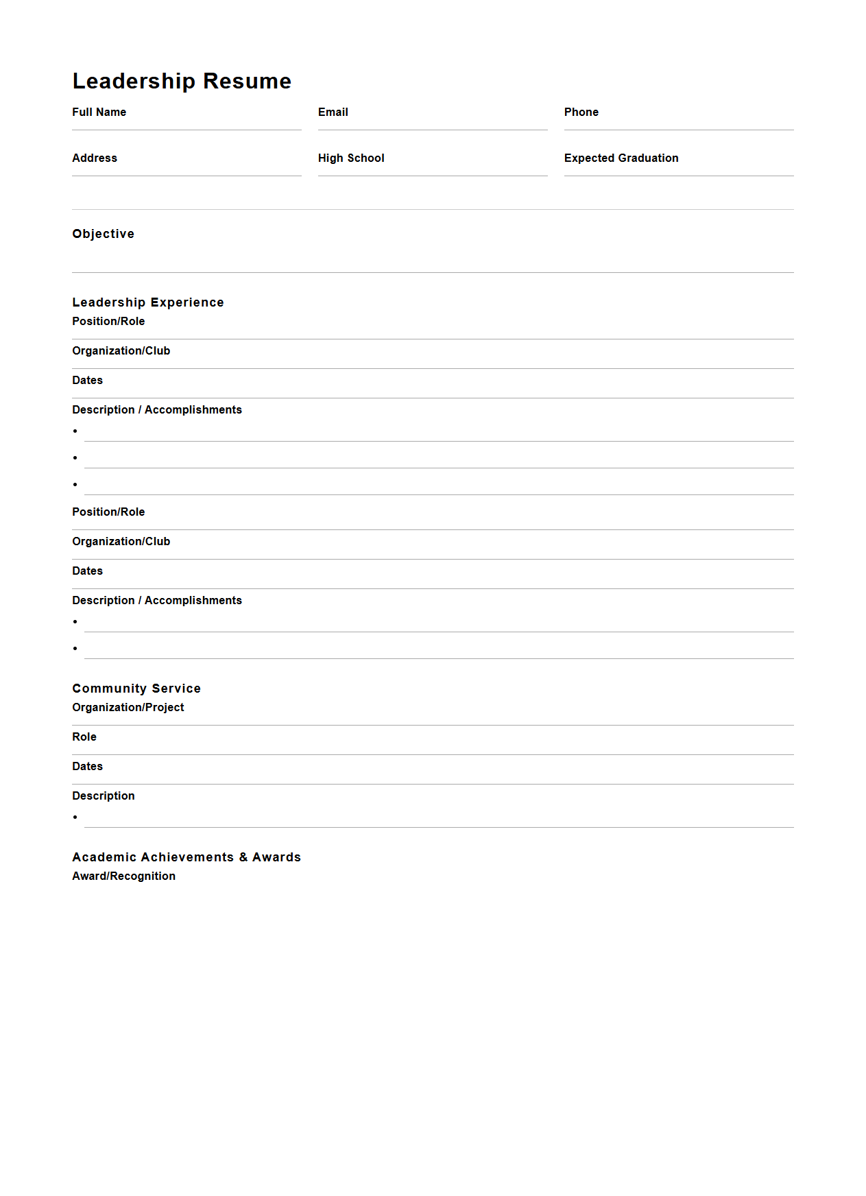 Blank Leadership Resume Template for High School Scholarships
