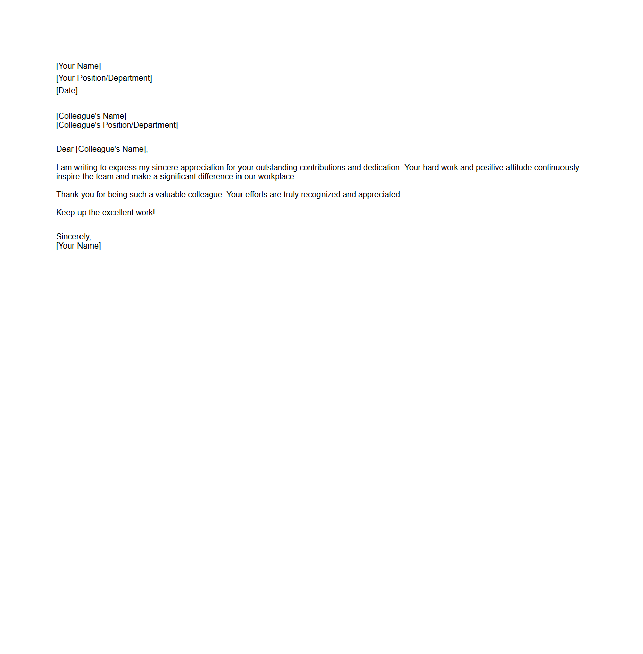 Blank Letter Template for Appreciation to Colleague