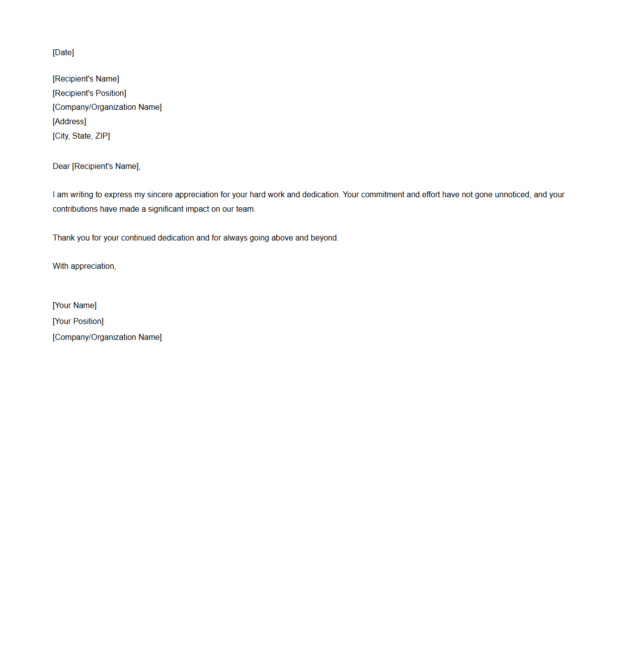 Blank Letter Template for Appreciation of Hard Work