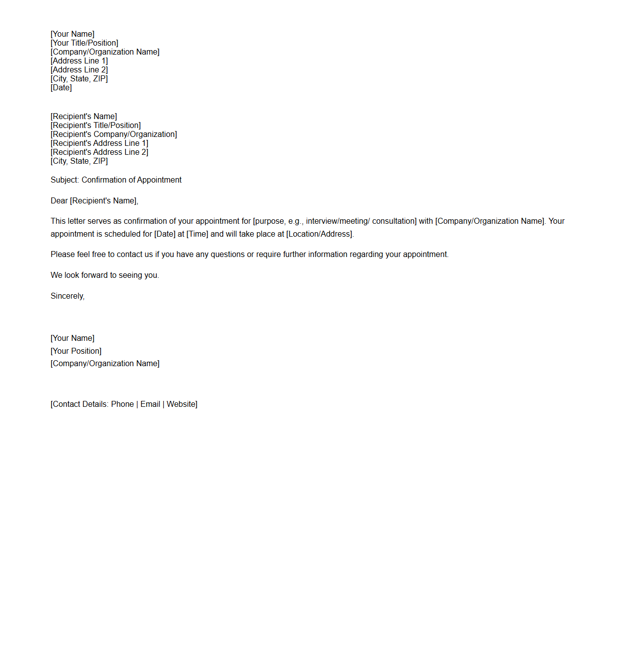 Blank Letter Template for Confirmation of Appointment