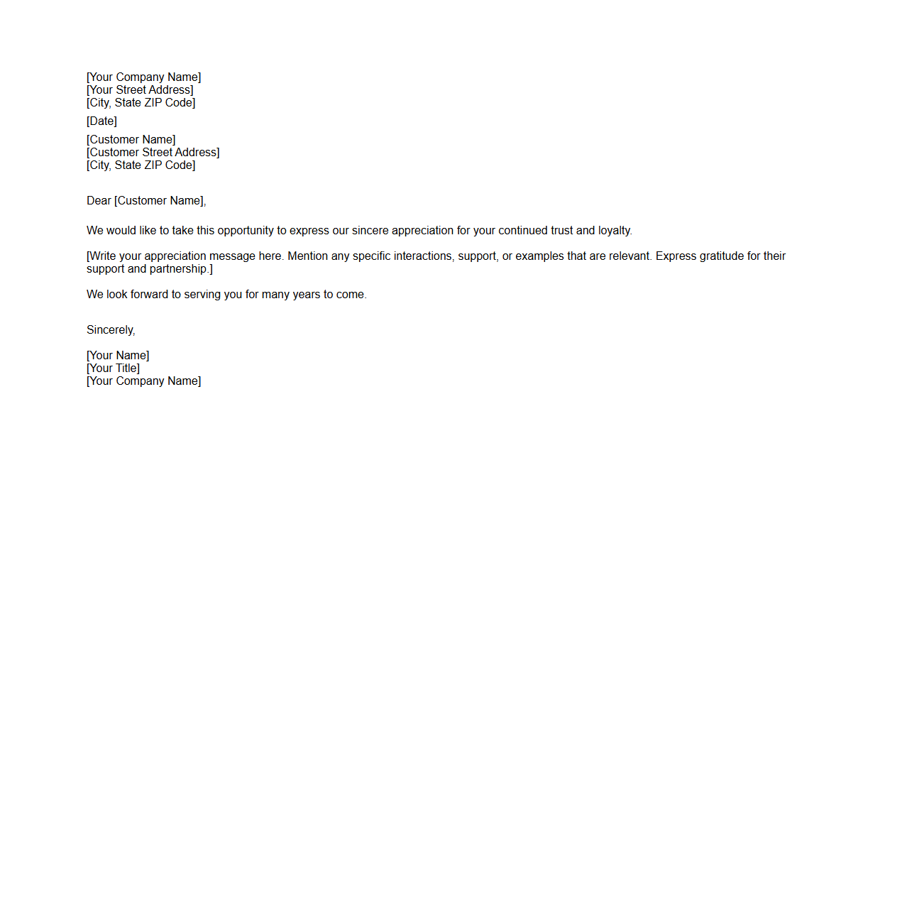 Blank Letter Template for Customer Appreciation