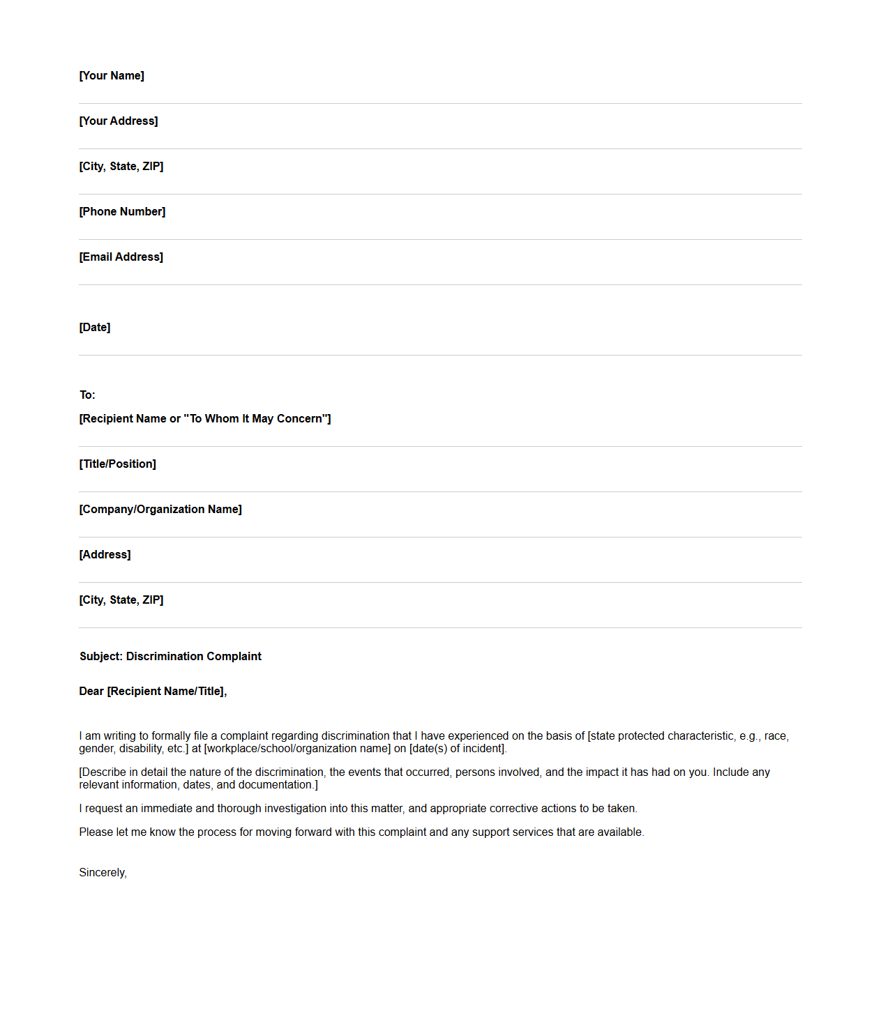 Blank Letter Template for Discrimination Complaint