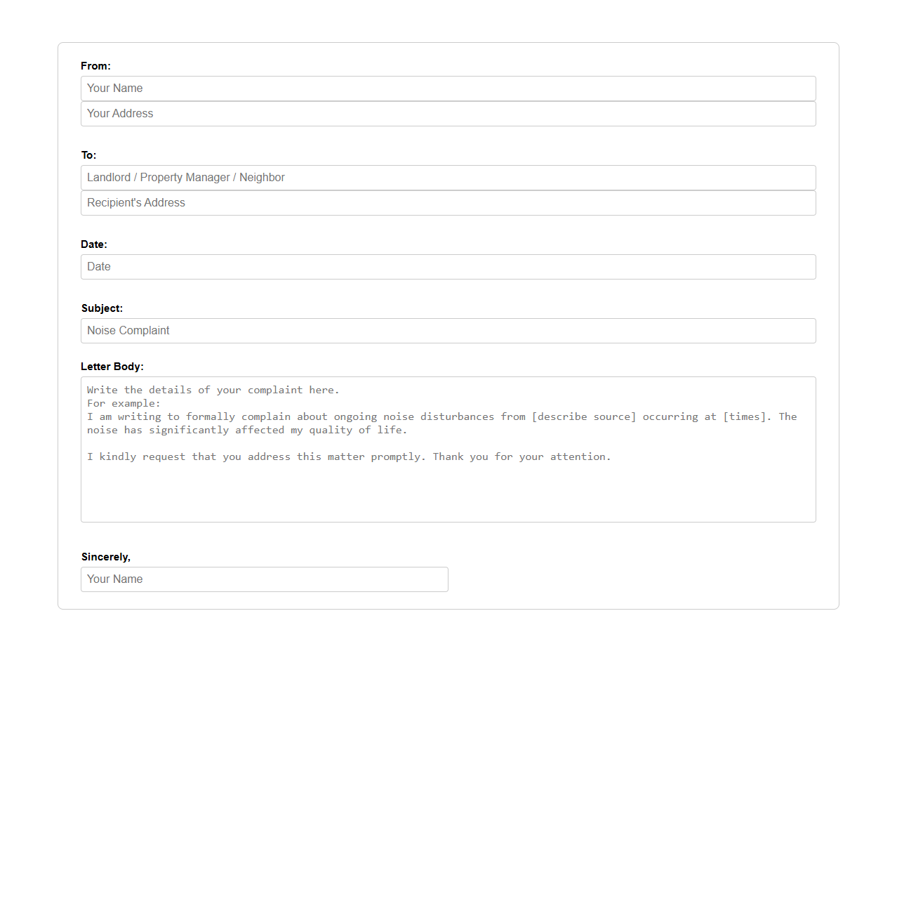 Blank Letter Template for Noise Complaint