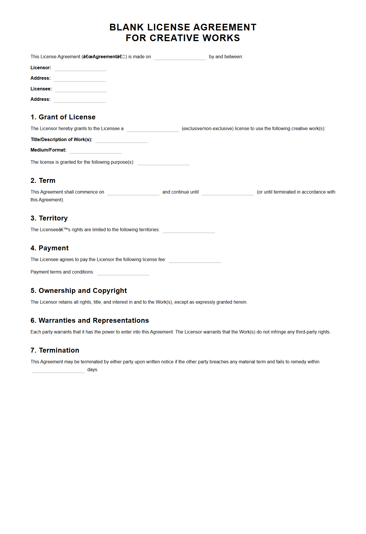 Blank License Agreement for Creative Works