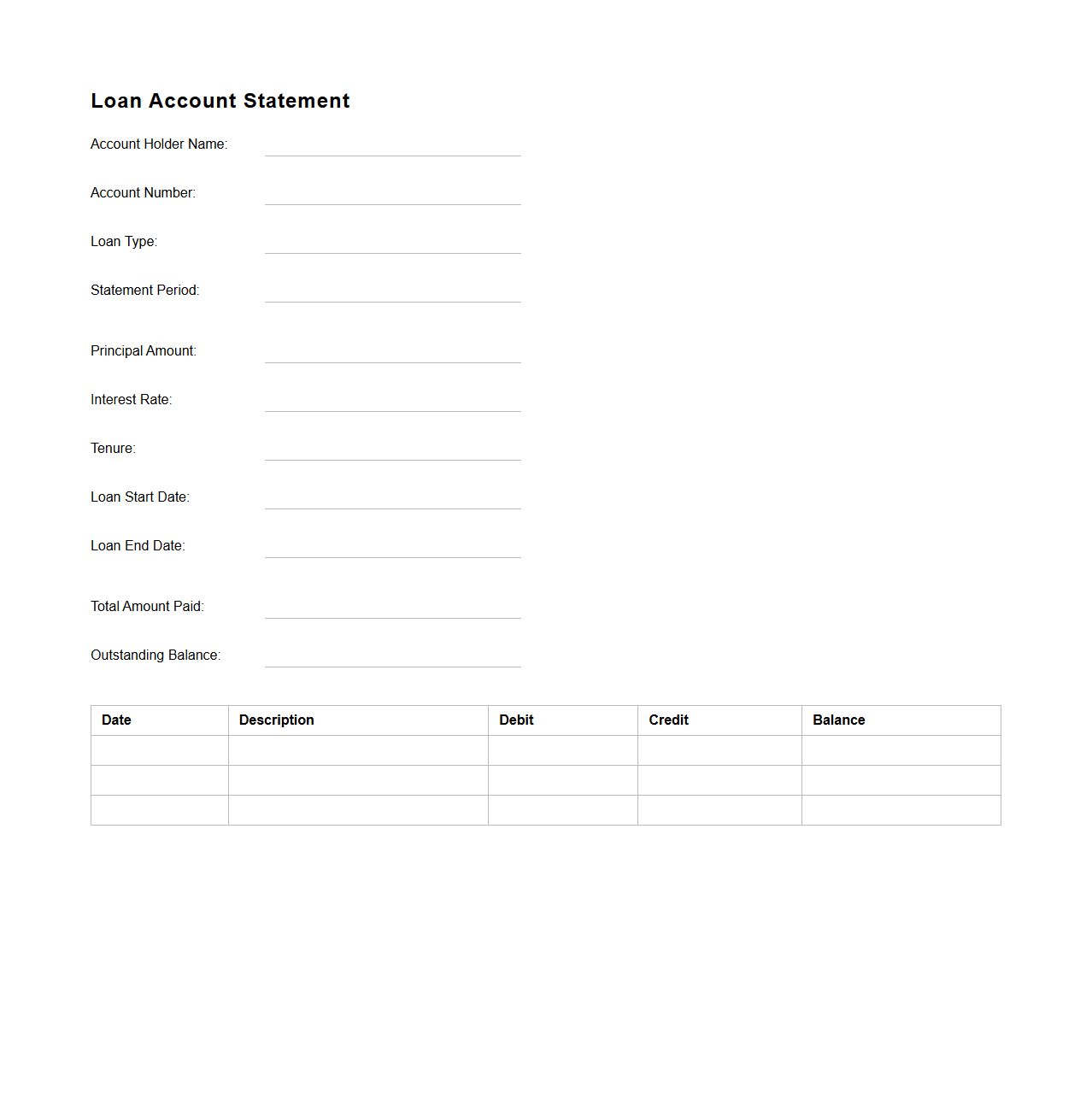 Blank Loan Account Statement Template