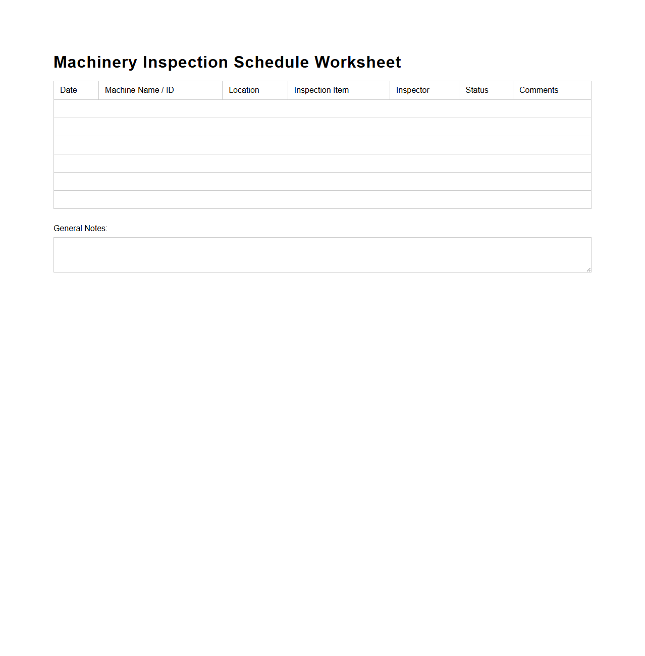 Blank Machinery Inspection Schedule Worksheet