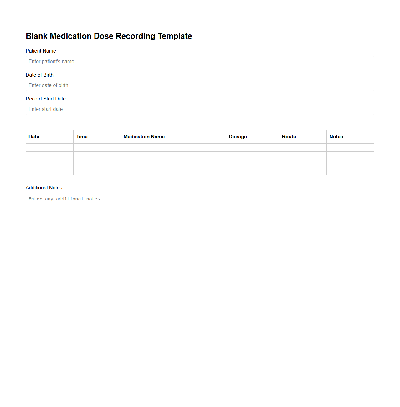Blank Medication Dose Recording Template for Patients
