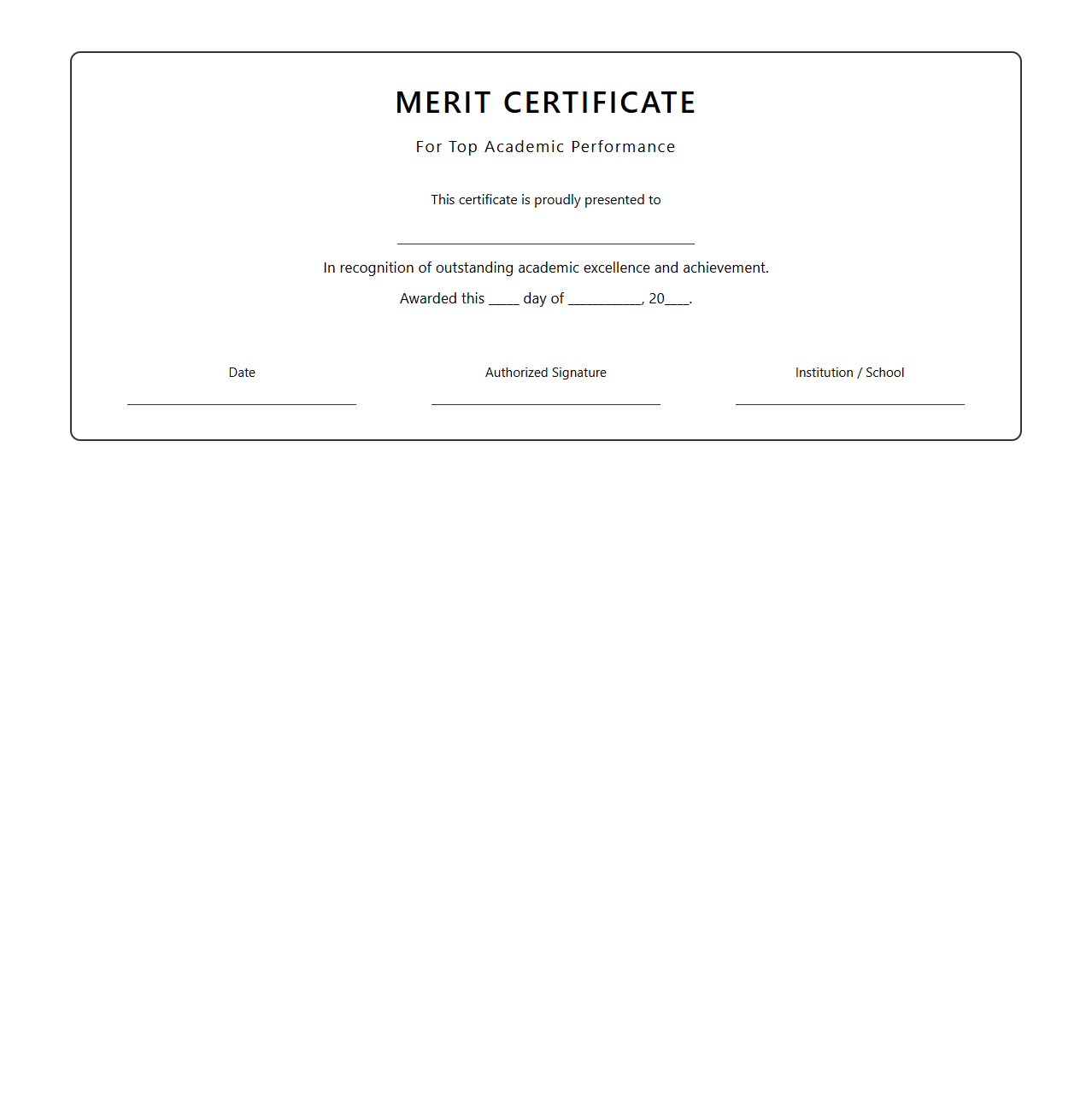 Blank Merit Certificate Template for Top Academic Performance