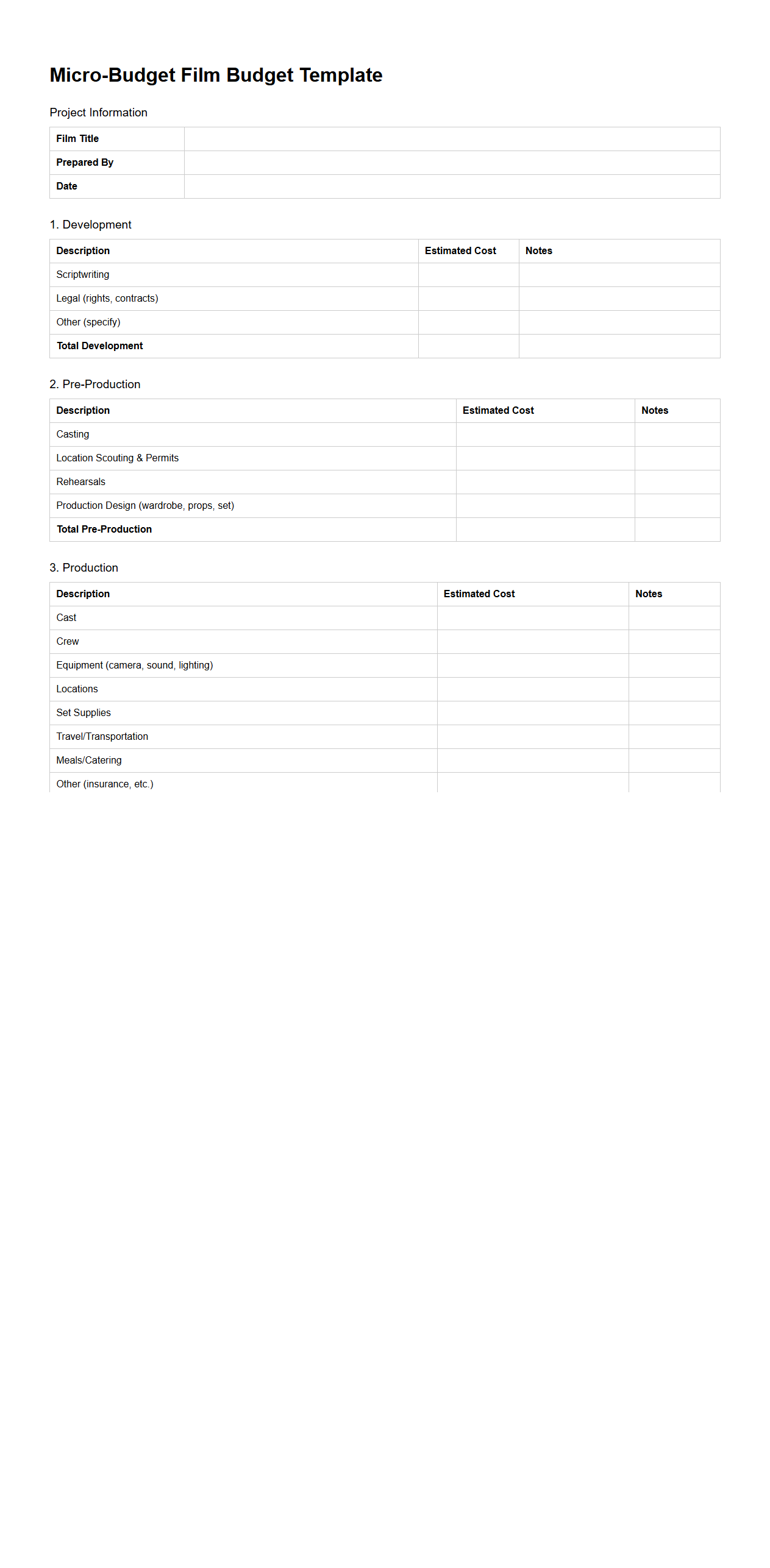 Blank Micro-Budget Film Budget Template