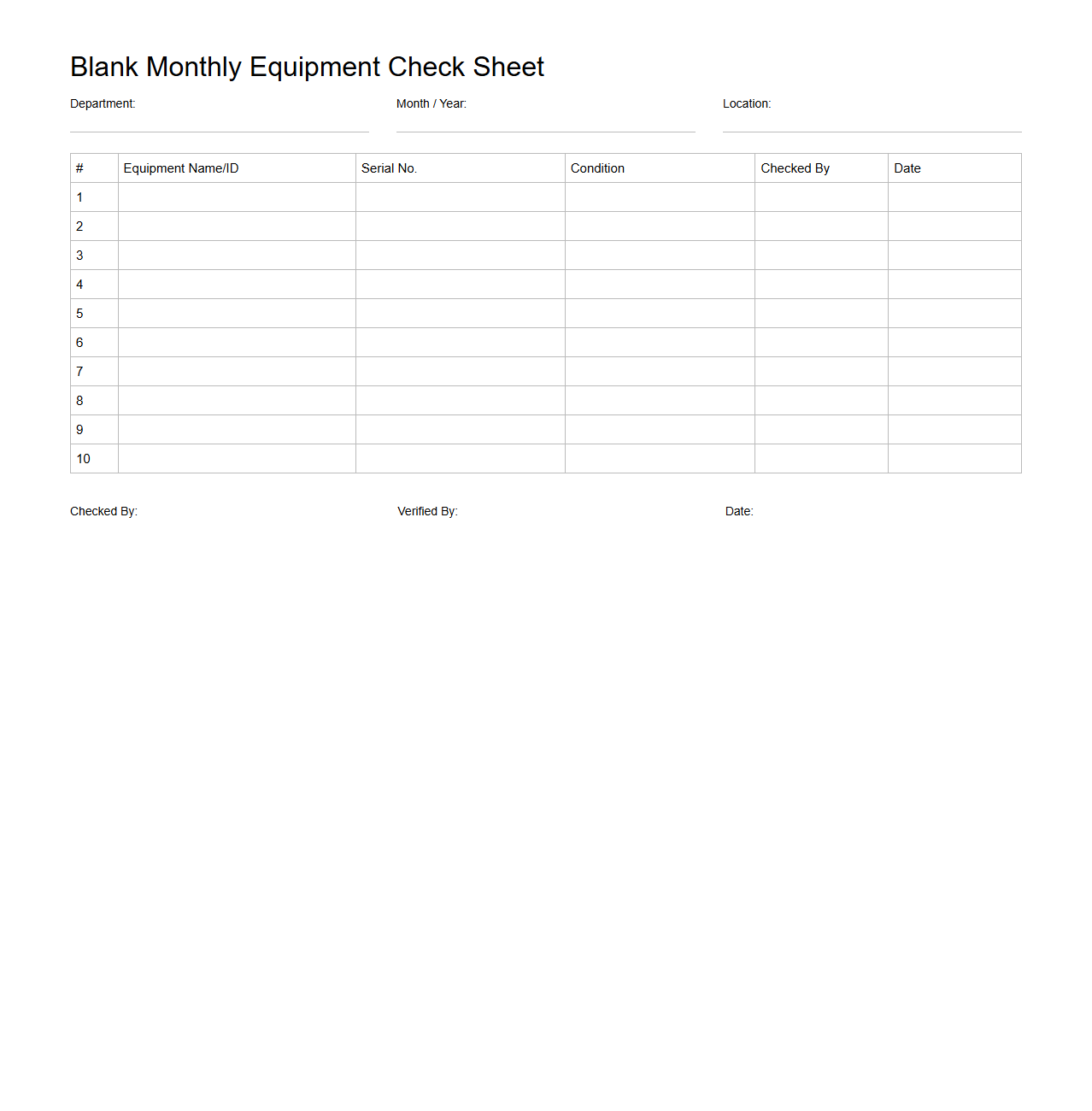 Blank Monthly Equipment Check Sheet Template