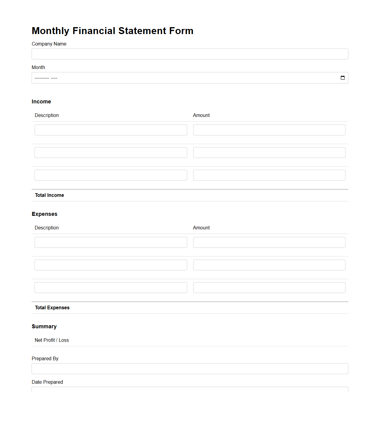 Blank Monthly Financial Statement Form for Companies