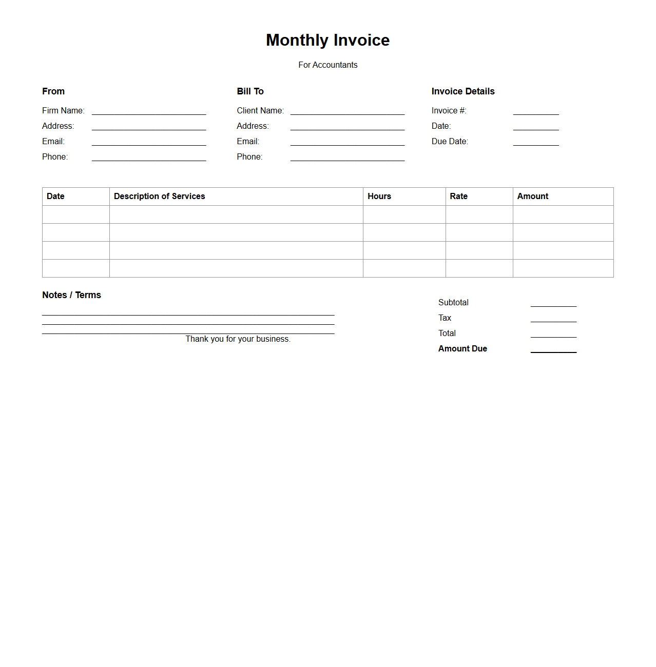 Blank Monthly Invoice Template for Accountants