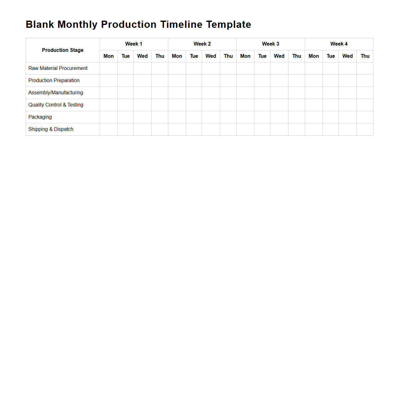 Blank Monthly Production Timeline Template for Factories