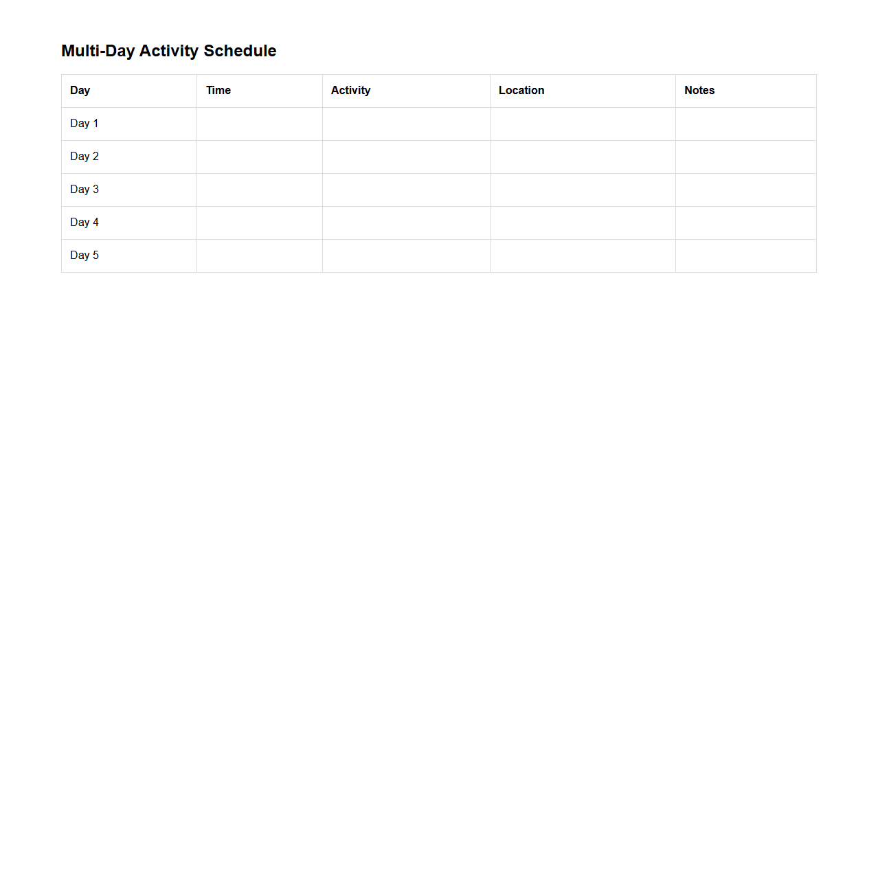 Blank Multi-Day Activity Schedule Table