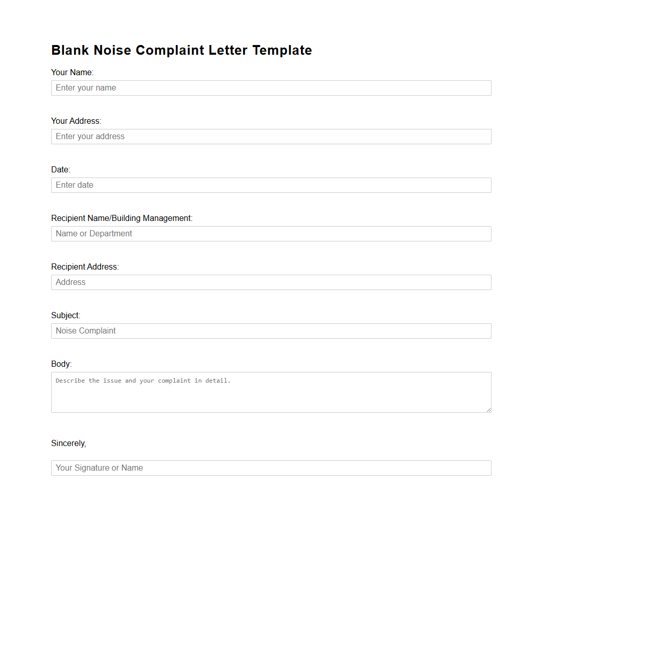 Blank Noise Complaint Letter Template
