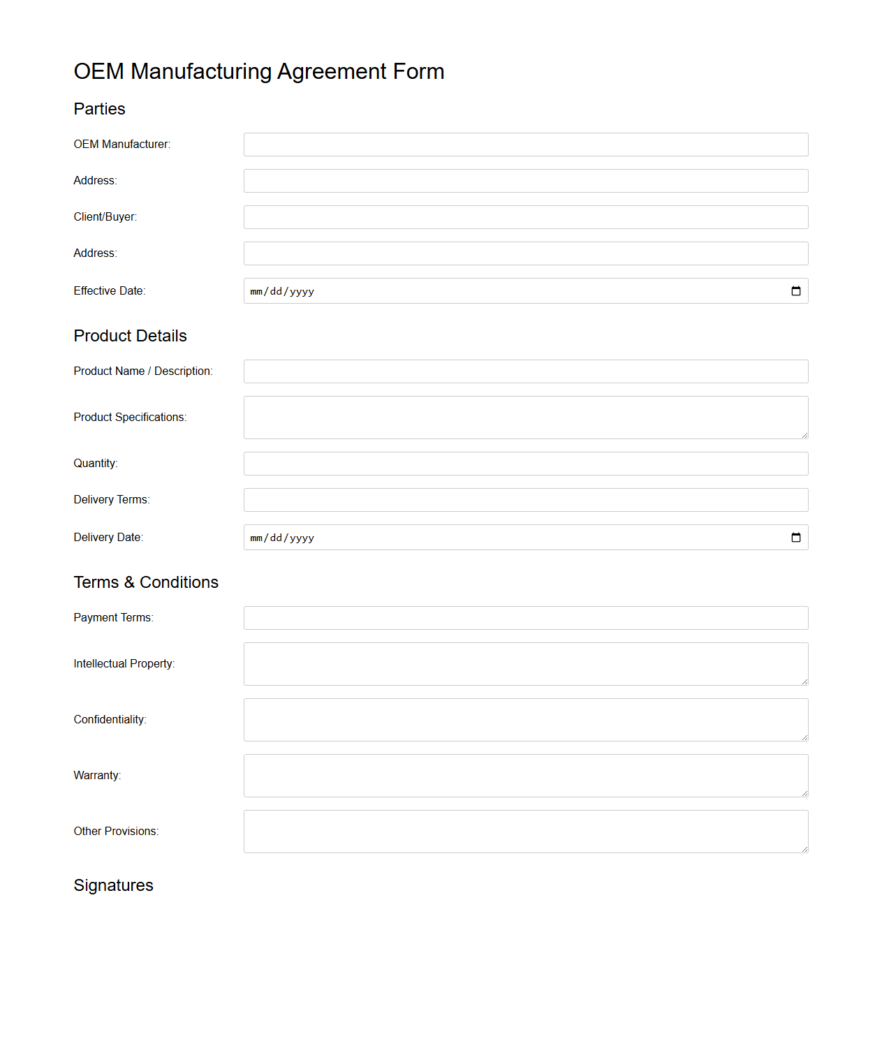 Blank OEM Manufacturing Agreement Form