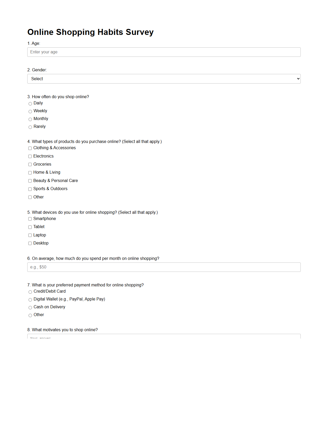 Blank Online Shopping Habits Survey Form for Retail Research